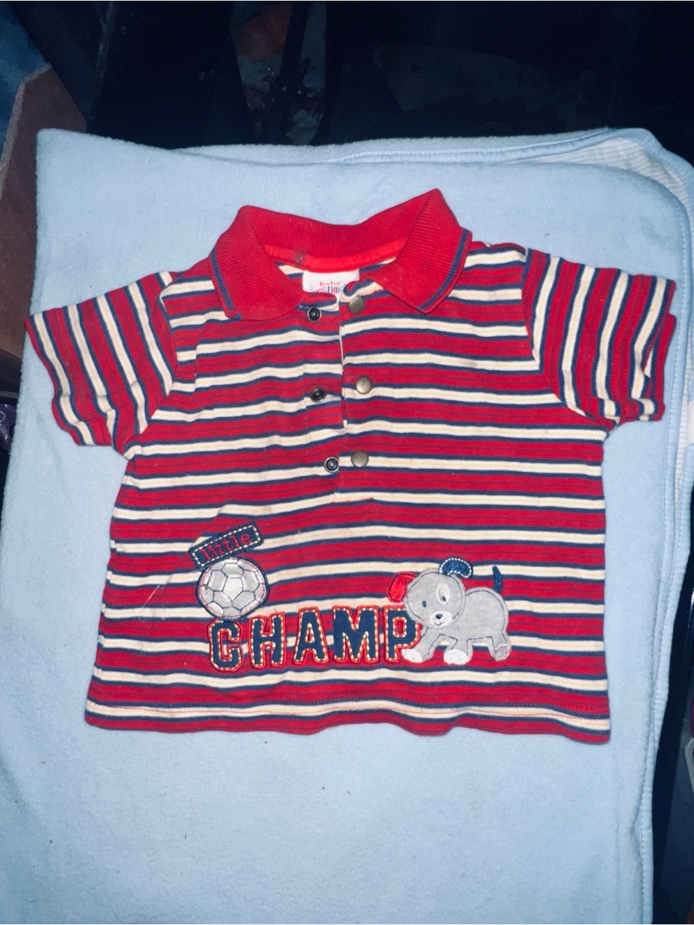 Baby Okie Dokie Striped Red, White, and Blue, Polo Tee with 'Champ' Applique.